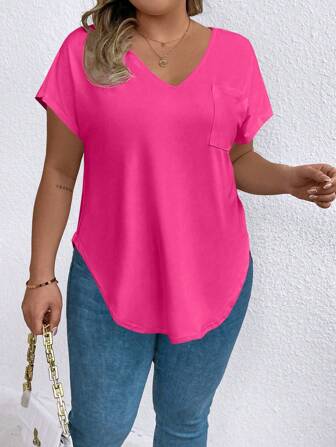 EMERY ROSE Plus Size Women V-Neck Short Sleeve Casual T-Shirt With Pocket