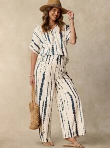 SHEIN Maternity Tie-Dye Two-Piece Suit: Woven Fabric, V-Neck, Short Sleeve Top And Adjustable Waist Wide Leg Pants Set For Casual Summer Style - Black and White - View 7