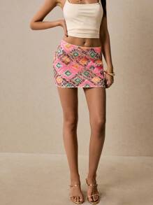 Poéselle Women's Holiday Sequin Geometric Pattern Low Waist Bodycon Mini Skirt - Pink - View 7