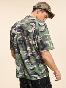 Paul Frank X SHEIN Men's Camo & Cartoon Print Round Neck Short Sleeve T-Shirt, Suitable For Summer