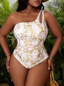 Slaydiva Plus Size Women One-Piece Swimsuit Featuring Hollow Shoulder And Cinched Waist Design, Suitable For Beach Holidays For Summer Beach Vacation - White - View 3