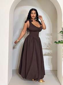 Maweii 女士简约休闲花卉吊带裙，适合街头风格独立 Y2K 造型 - 咖啡棕 - 查看 3