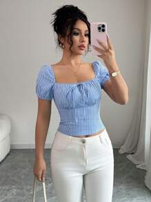Elenzga 女士条纹方领前系带短款泡泡袖修身衬衫 - 藍色 - 查看 4