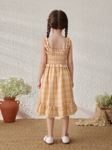 Blossori Young Girls Yellow Plaid Suspender Dress - Yellow - View 3