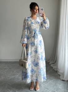 Modelyn Women Woven Printed Long Sleeve Waist-Cinched A-Line Floral Print Dress Long Evening Dresses Fall Cloth For Women