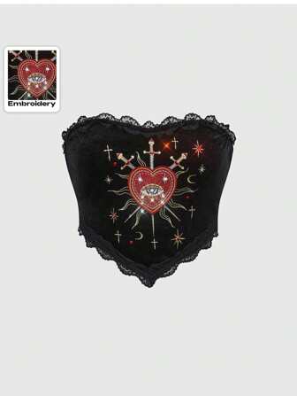 Goth Plus Size Spring Gothic Palace Style Eyeball Crystal Teardrop Star Embroidered Halter Crop Top