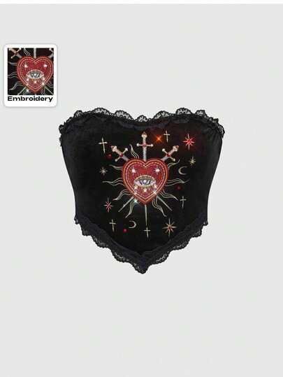 Plus Size Spring Gothic Palace Style Eyeball Crystal Teardrop Star Embroidered Halter Crop Top