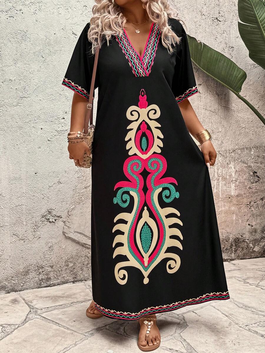 SHEIN Holidaya 大码女式印花波西米亚长裙，适合夏季度假 - 黑色 - 查看 1