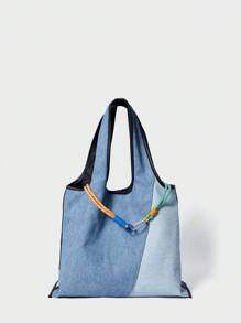 SHECARRY Women Tote Bags Denim Effect Autumn Summer Winter College School Holiday Street Travel Commute Work Casual Daily Minimalist Drawstring Design Foldable Students - Blue - View 1