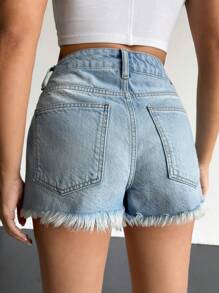 EURMUSE Casual Bleashed Ripped Raw Trim Denim Shorts - Medium Wash - View 2