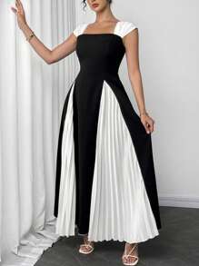 Modelyn Vestido con pliegues en el hombro, bajo con pliegues y color de contraste empalmado
