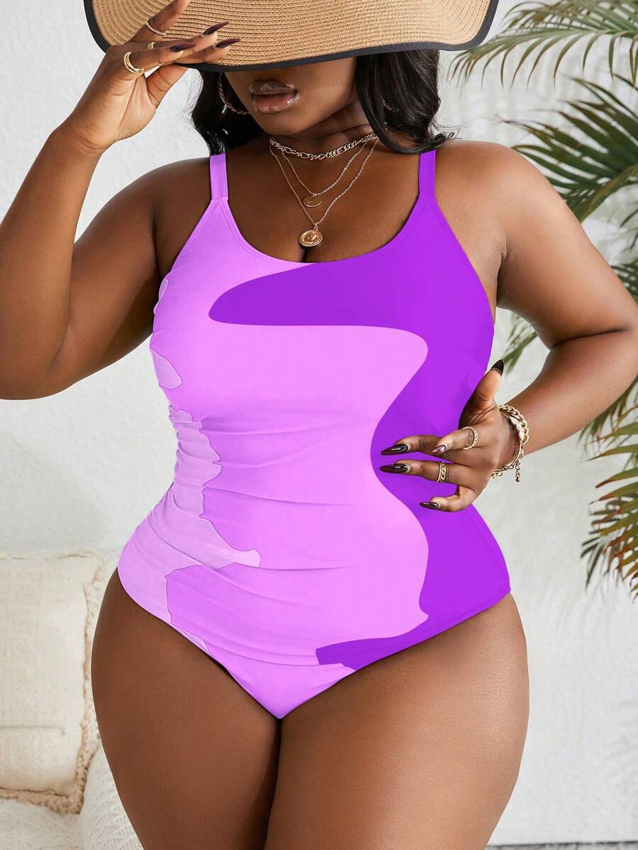 Slaydiva Traje de baño de una pieza con tirantes de mujer de talla grande de color contrastante - Multicolor - Ver 1