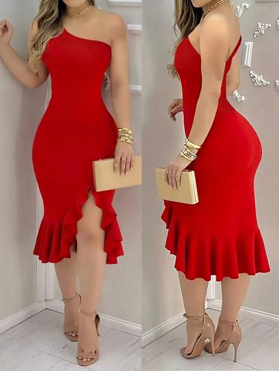 INAWLY Fitted Sexy Elegant Asymmetric Shoulder Ruffle Hem Slit Mid-Calf Dress For Women