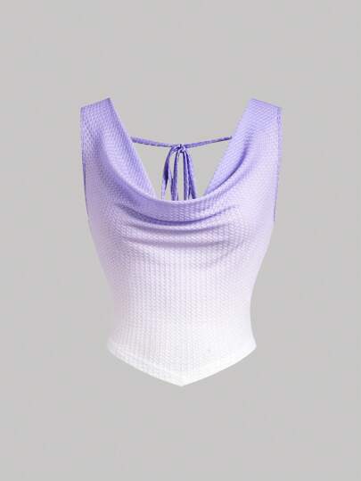 SHEIN MOD Ethereal Romance: Purple & White Ombre Draped Neckline Ladies Tank Top With Bowknot – Perfect For Vacation, Holidays, Photo Shoots, Dates, Picnics, And Birthday,Summer,Beach,Vacation,Rave,Country Concert