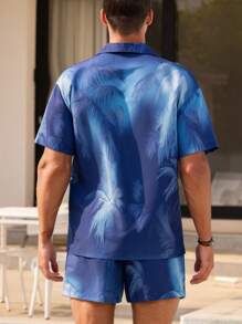 Manfinity VDAYZ Men's Solid Color Short Sleeve Shirt And Shorts Beach Suit, Simple And Fashionable, Suitable For Summer - Dusty Blue - View 2