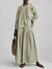 Ontre 2025 夏季女士纯色抽绳腰荷叶边下摆休闲裙两件套，优雅度假海滩音乐节 - 綠色 - 查看 2