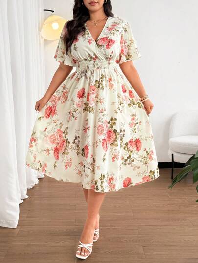 Ceyna Vestido largo de mujer con cuello en V vintage, estampado floral elegante y semi-transparente con mangas cortas