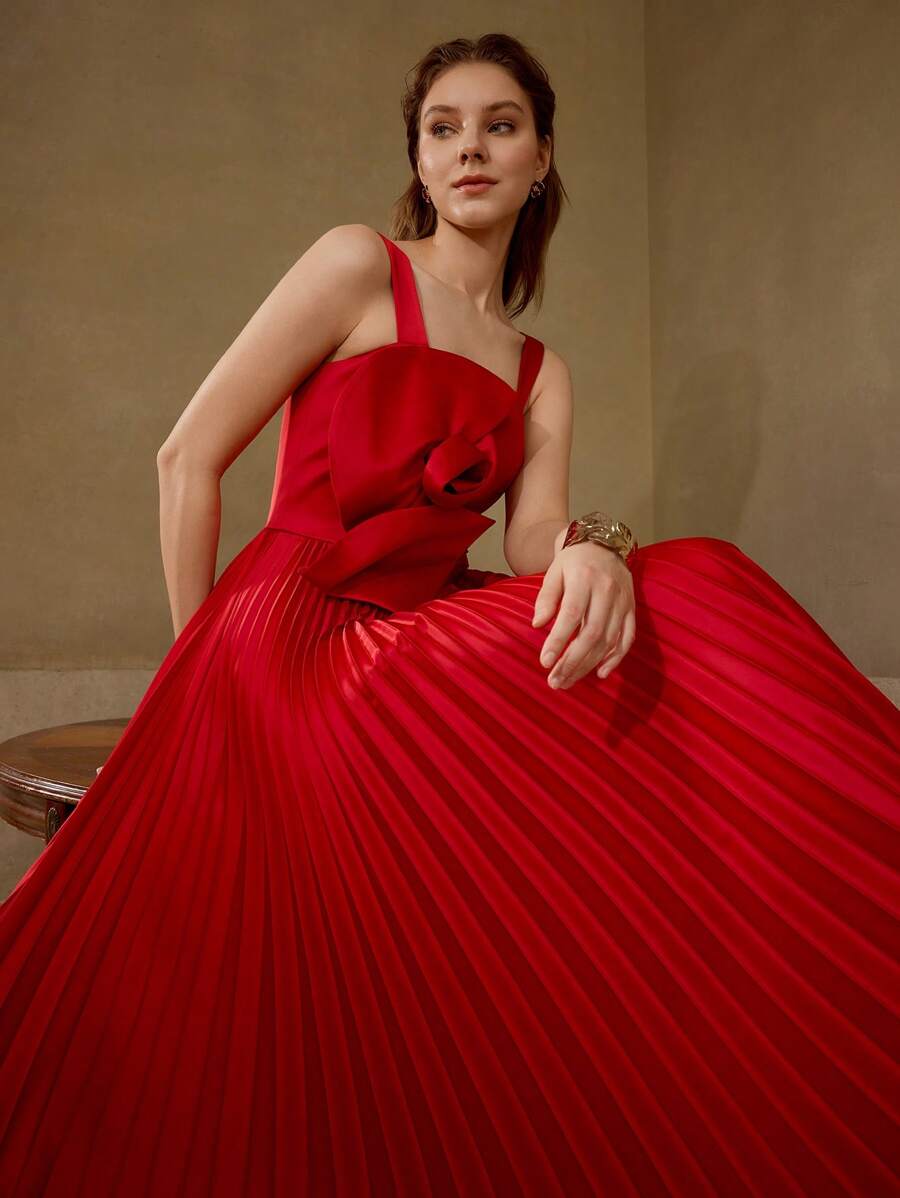MOTF PREMIUM STEREO FLORAL PLEATED HEM DRESS - Red - View 1