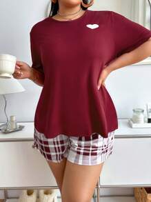 SweetSlumber Plus Size Heart Print Short Sleeve Top And Plaid Shorts Pajama Set, Outfits - Red - View 4