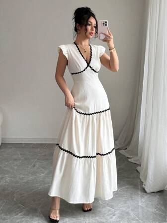 Rafferiza Women's V-Neck Ruffle Trim Cap Sleeve Contrast Waist Band Texture Woven Fabric Apricot Spring/Summer Dress