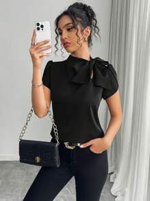 Islaluna Women's Casual Versatile Solid Color Tie Bow Flare Sleeve Blouse, Spring/Summer