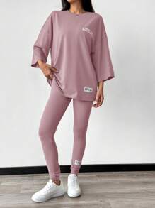 Mulvari Women's Casual Two-Piece Outfit: Knitted Pink Long Sleeve Top And Legging Set With Marvelous Graphic Print - Pink - View 4