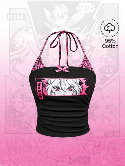 Winx Club X ROMWE للنساء ملابس علوية حمالة الرقبة منقوشة برسم مجسم من طراز هاراجوكو Y2K