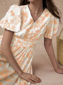 Écloséra Elegant Puff Sleeve V-Neck Cinched Waist Dress, Spring/Summer