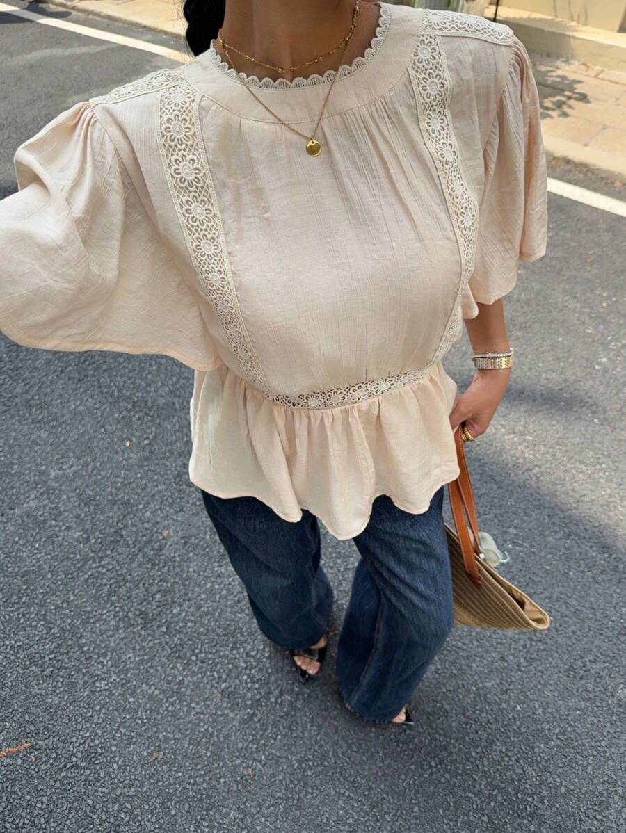 Siren Gaze Blouse texturée à couleur unie et dentelle contrastée pour femmes, été, fête des mères