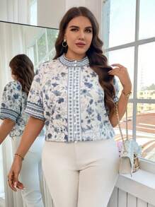 SHEIN Clasi Plus Size Women's Boho Floral Print Blouse With Stand Collar And Half Sleeves - Blue and White - View 1
