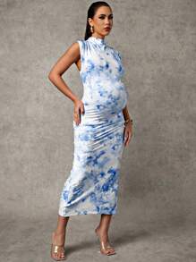 MaterniChic Maternity V-Neck Fit & Flare Dress With Printed Pattern - Baby Blue - View 5
