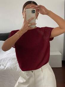 SXFaunlyn Elegante Camiseta Ajustada Con Patchwork De Encaje Y Manga Corta - Burdeos - Ver 7