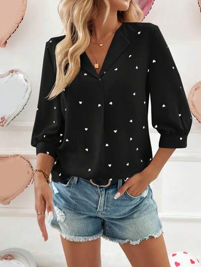 SHEIN LUNE Valentine's Day V-Neck Fold-Over Collar, 3/4 Lantern Sleeve, Heart Print, Casual Resort, Romantic Elegant Women's Shirt