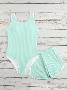 SHEIN Teen Girls Striped Tankini Swimsuit Set With Shorts Young Girls Sets Bathing Suits For Teens Sets Bathing Suits Teen Set Bathing Suit Set Women Bathing Suit Set - Teal Blue - View 6