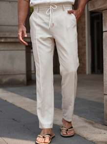 Manfinity Homme Pantalones rectos relajados para hombres con cintura con cordón y bolsillos laterales, pantalones de lino para hombres - Beis - Ver 1