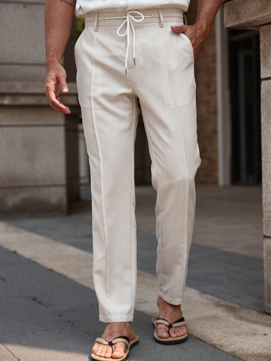 Manfinity Homme Pantalones rectos relajados para hombres con cintura con cordón y bolsillos laterales, pantalones de lino para hombres - Beis - Ver 1