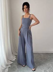 Elenzga 女式西部牛仔风格条纹金属装饰吊带背心连体裤，无袖，束腰，直腿 - 藍色 - 查看 6