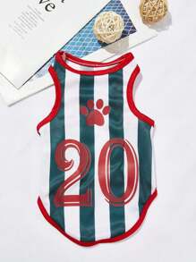 PETSIN 简约休闲运动风格宠物猫狗足球球衣，20号和字母印花，绿白对比条纹，透气凉爽夏季宠物背心 - 彩色 - 查看 5