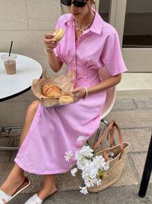 Serisse Women's Striped Bat Sleeve Cinched Waist Casual Long Shirt Dress Summer Pink - Pink - View 3
