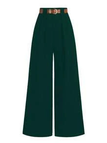 SHEIN LUNE Plus Size Women's Wide Leg Loose Minimalist Trousers, Commute Style Graduation, Back To School, Teacher For Women Winter Fall Autumn - Dark Green - View 1