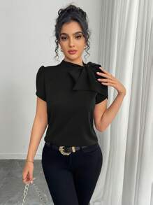 Islaluna Women's Casual Versatile Solid Color Tie Bow Flare Sleeve Blouse, Spring/Summer