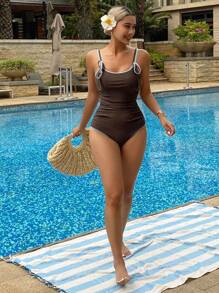 Livesso Women's Contrast Tie Front One-Piece Sexy Swimsuit