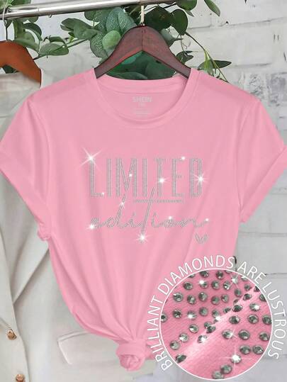 SHEIN Plus Size Casual Letter LIMITED Edition T-Shirt Hot Diamond Pattern Round Neck Top Casual Graphic Tees Women Tops