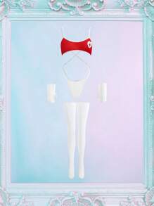 Fantasy Costume Fantasy Costume Set de 5 piezas de lencería ultra sexy de enfermera y médico para juegos de rol, fiestas, festivales de música - Rojo y blanco - Ver 6
