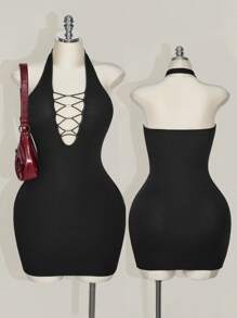 SHEIN ICON Fitted V-Neck Beaded Accent Backless Plus Size Bodycon Dress - Black - View 7