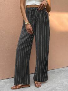 SHEIN Frenchy Women's Striped Print Drawstring Waist Casual Straight Leg Pants, Holiday Season Work Pants Summer