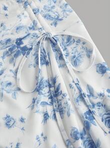 SHEIN MOD Falda asimétrica de línea A con cintura fruncida y lazo lateral, con estampado azul y blanco, para crucero, Hawái, fiesta de té, verano