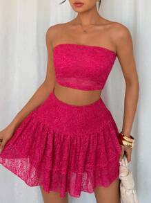 SHEIN VCAY Women's Sexy Lace Bustier Top & Multilayer Ruffled Mini Skirt Pink Sets, Spring & Summer - Hot Pink - View 5