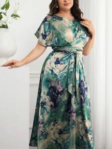 Modelyn Plus Size Women Tie Dye Bat Print Ruched Elegant Midi Dress, Short Sleeve - Multicolor - View 8
