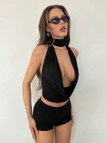 SHEIN ICON 2pcs/Set Large Draped Neck Backless Cami Top And Tight Shorts Set - Black - View 1